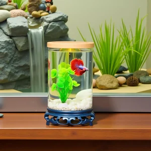 KSH STORE ® 360° Rotating Betta Fish Tank, 1L Capacity, LED Light with WRGB Colours, 24 cm x 10 cm, Wooden Top, 2.5 inch Plant