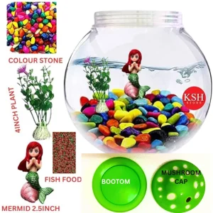 Aquarium Fish Bowl 8inch /10INCH, Mushroom Decorative Cap with Stand, , Blue Light, Coloured Stones, Artificial Plant,Food Unbreakable Plastic